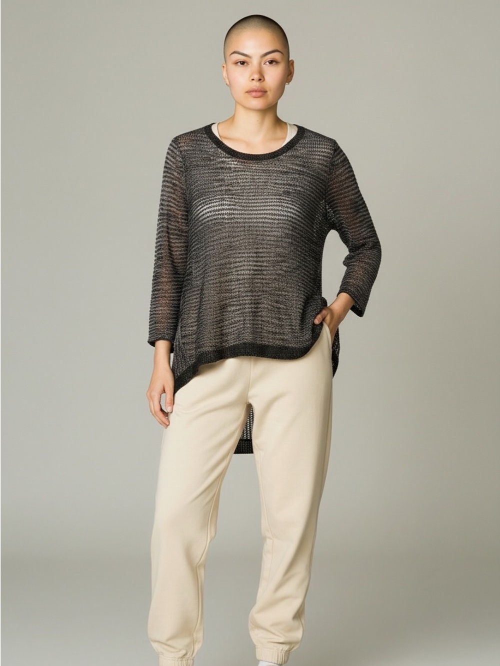 Eileen Fisher Sheer Black Knit Long-Sleeve Tunic with Subtle High-Low Hem S Wool